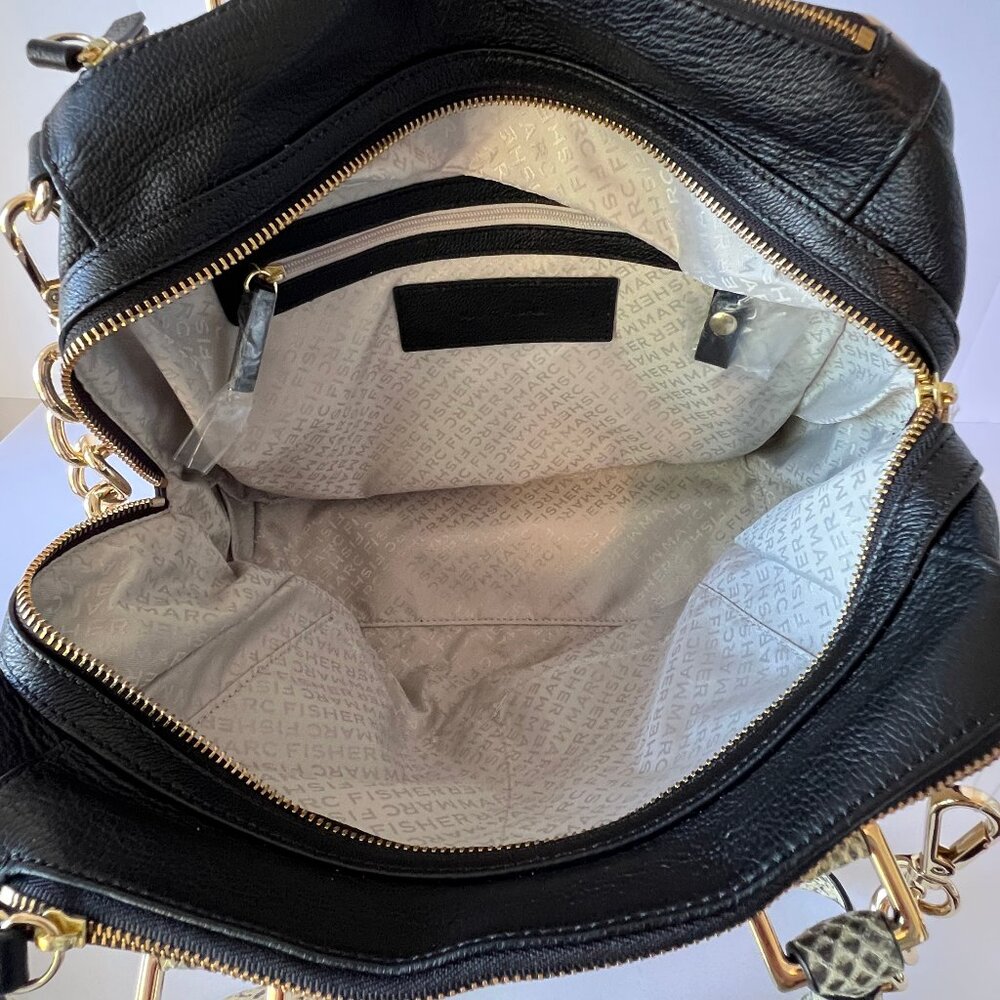 New Marc Fisher Shoulder Bag, Leather, "Kyra" Cream and Black, Snakeskin Print - Picture 12 of 14